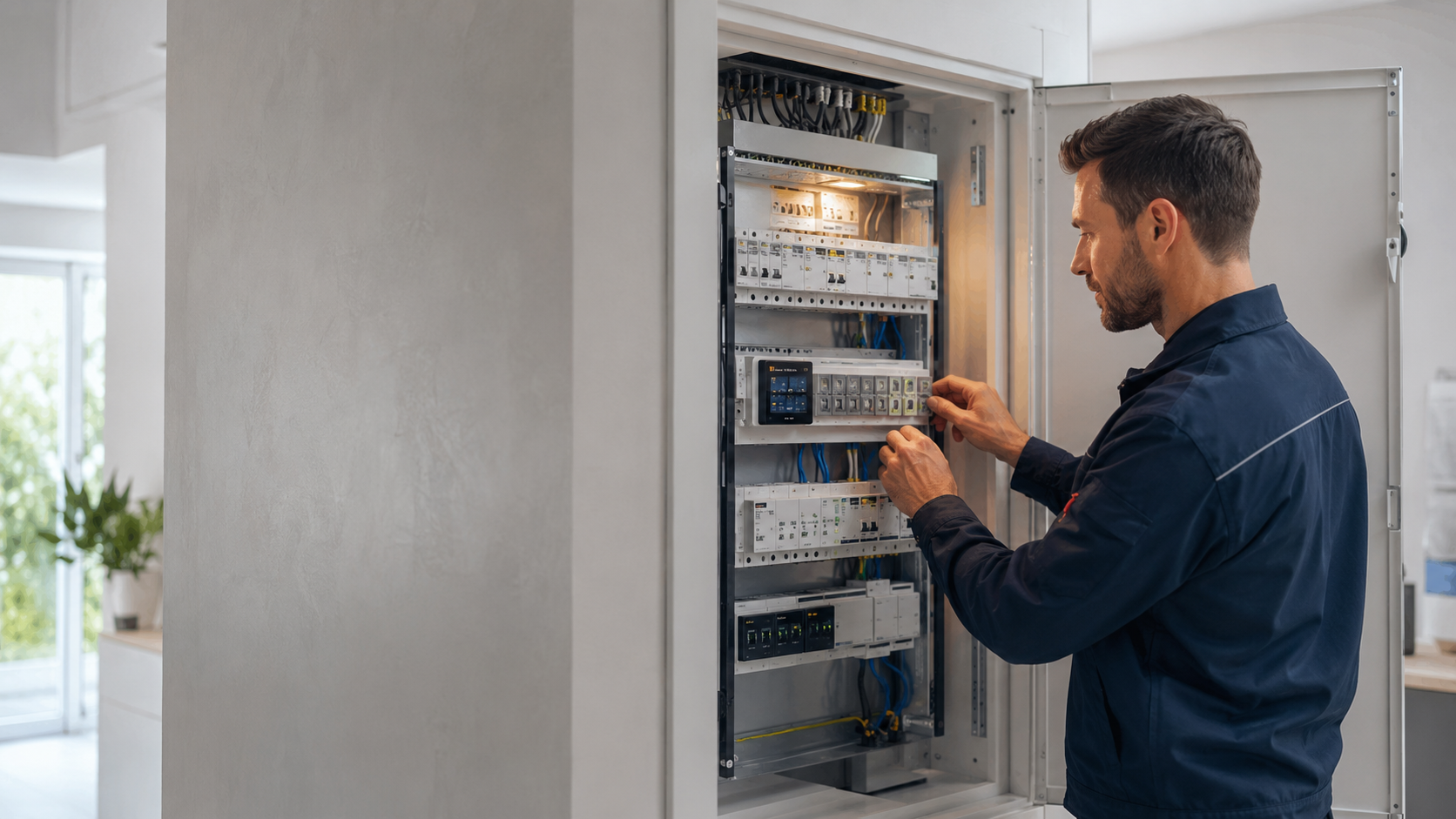 Elektriker bei der Arbeit an einer modernen Gebäudeverteilung